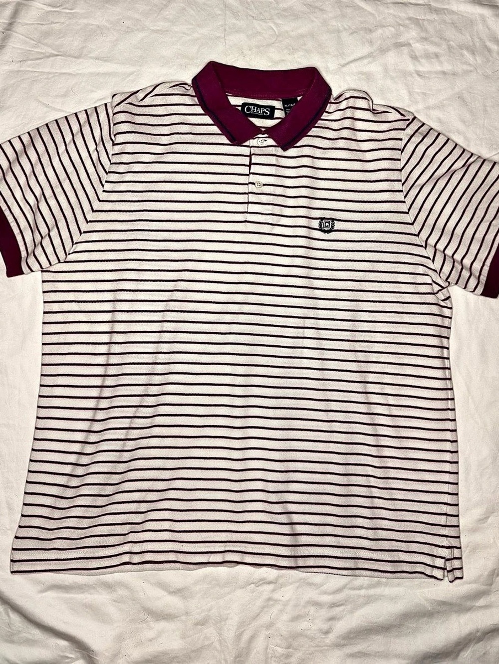 Chaps Mens Polo Shirt Size XL Red Burgundy White Striped Short Sleeve Cotton